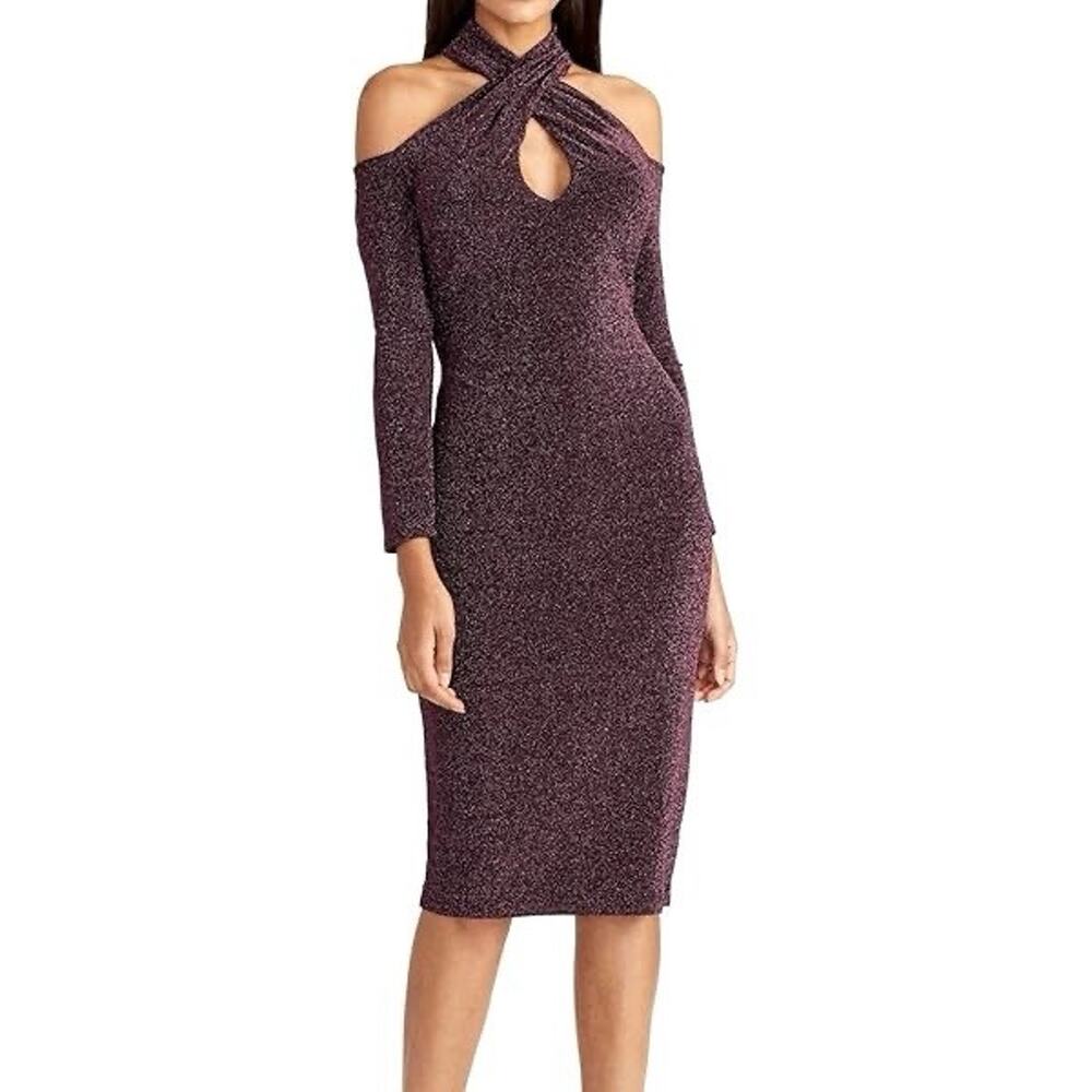 Rachel Rachel Roy Metallic Cold Shoulder Dress 18 Black Silver Criss Cross Midi